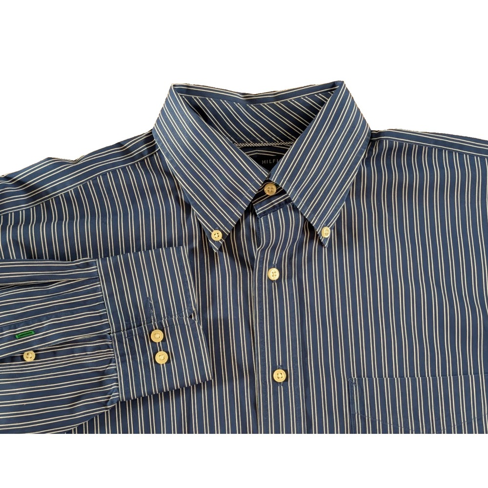 Vintage Tommy Hilfiger Dress Shirt L 16 34/35 Blue Pinstripe Button Down Y2K